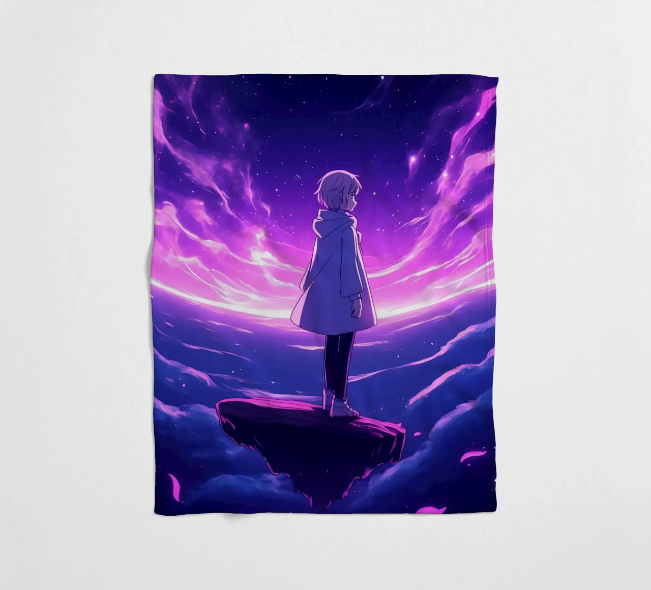 Ein Mädchen, das auf einer schwimmenden Insel im Traumland steht Lofi Art Fleecedecke von LoFi Gallery