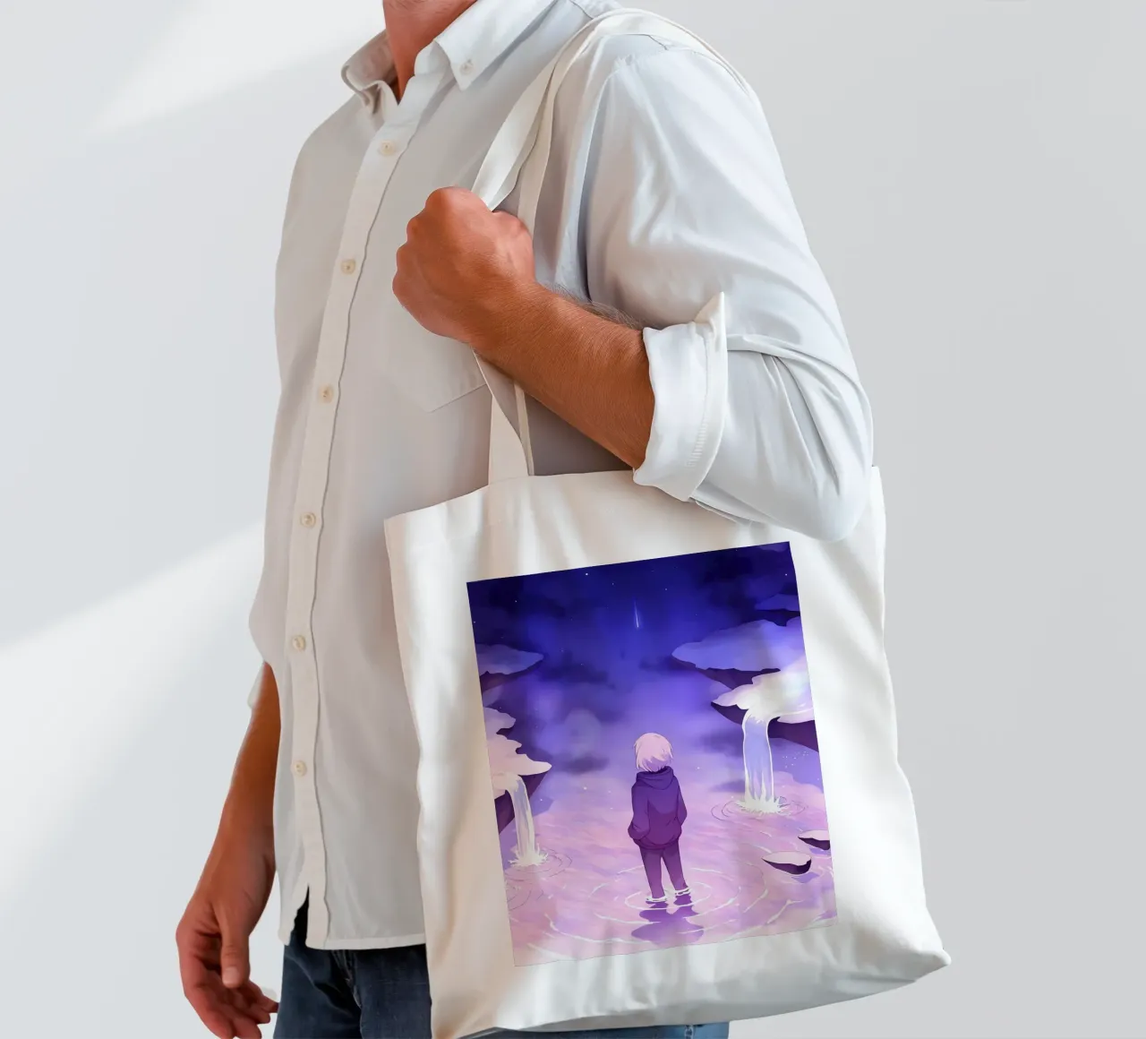 Un ragazzo in piedi in cascate da sogno Lofi Art borsa in juta da LoFi Gallery
