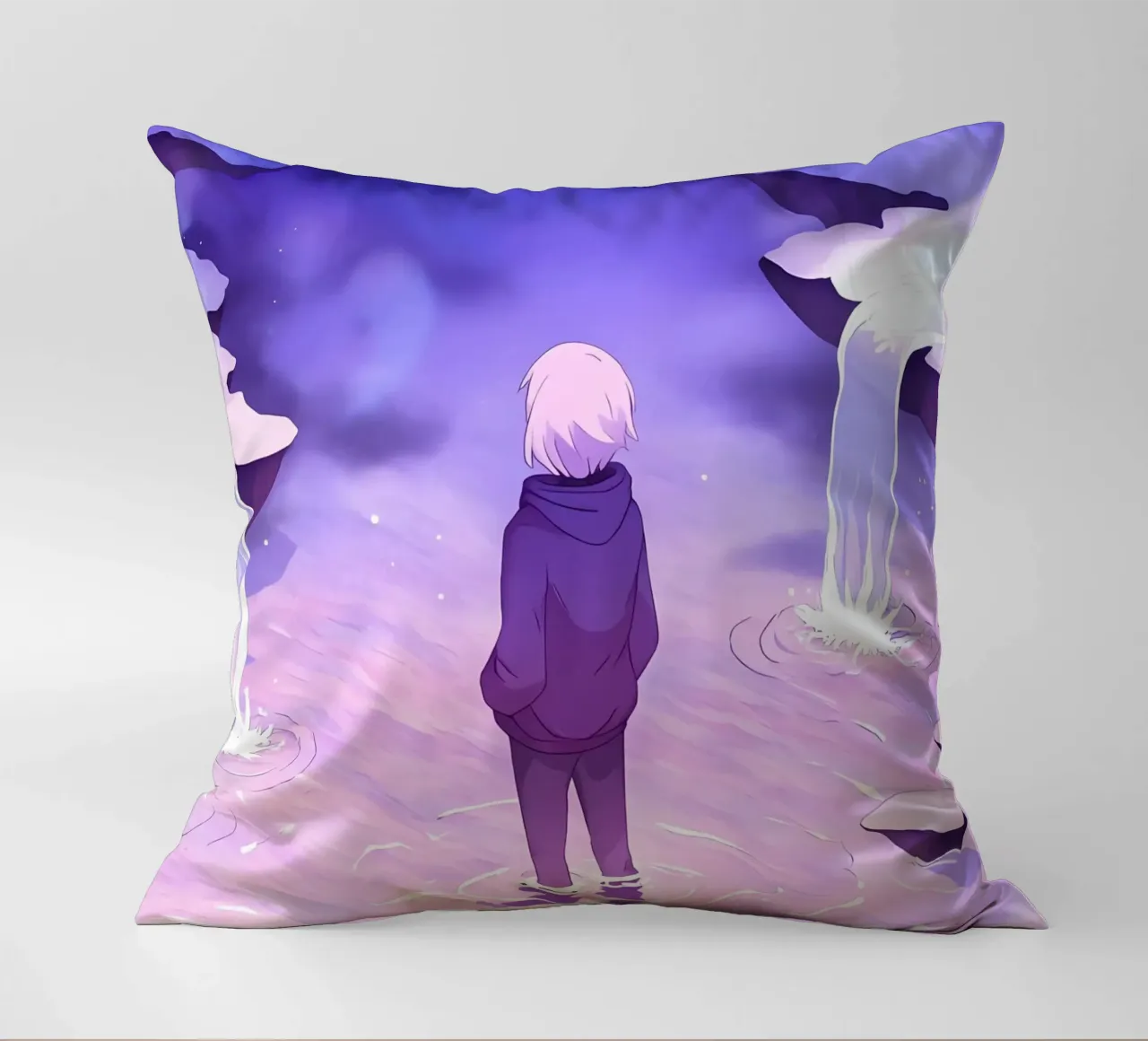 Un ragazzo in piedi in cascate da sogno Lofi Art cuscino da LoFi Gallery