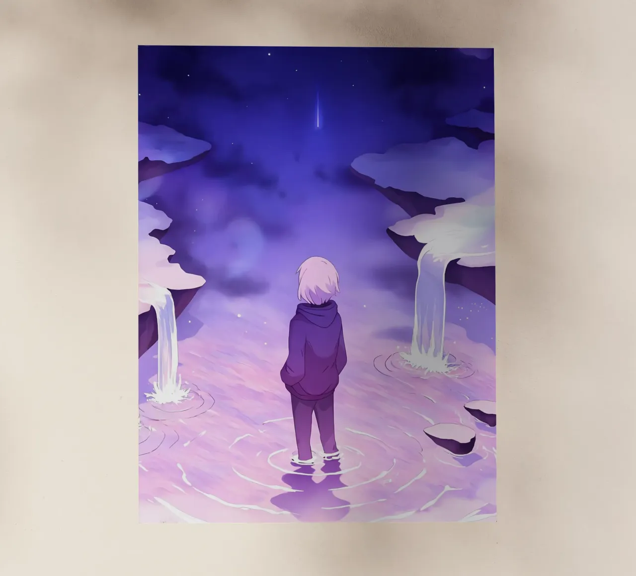 Un ragazzo in piedi in cascate da sogno Lofi Art pellicola backlit da LoFi Gallery