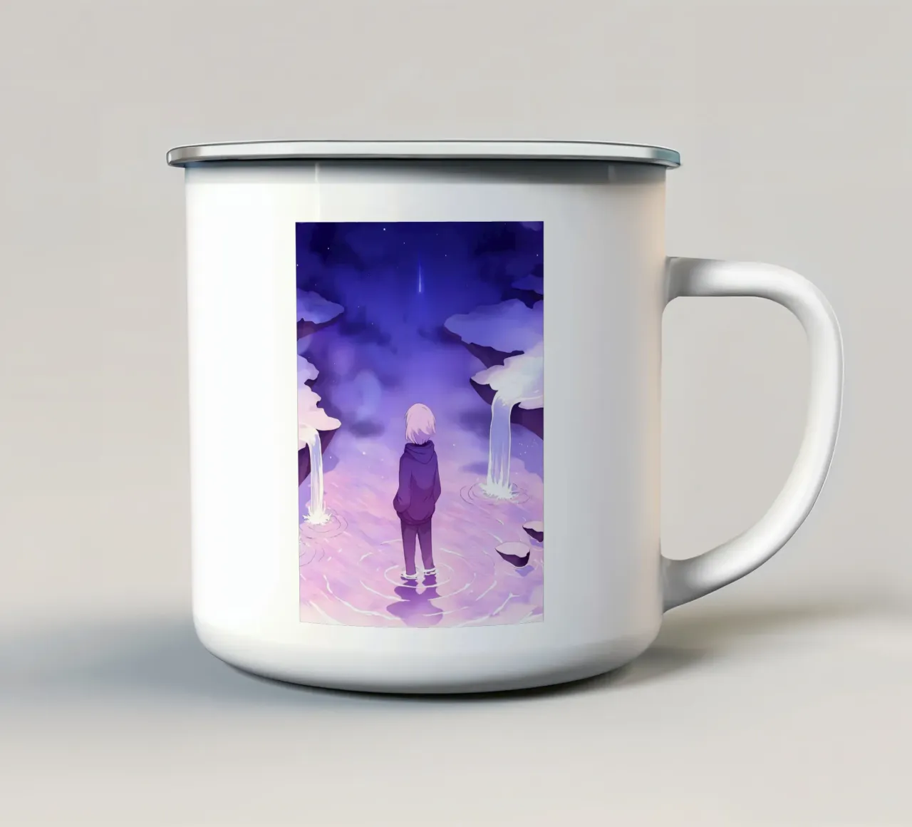 Un ragazzo in piedi in cascate da sogno Lofi Art tazza in smalto da LoFi Gallery