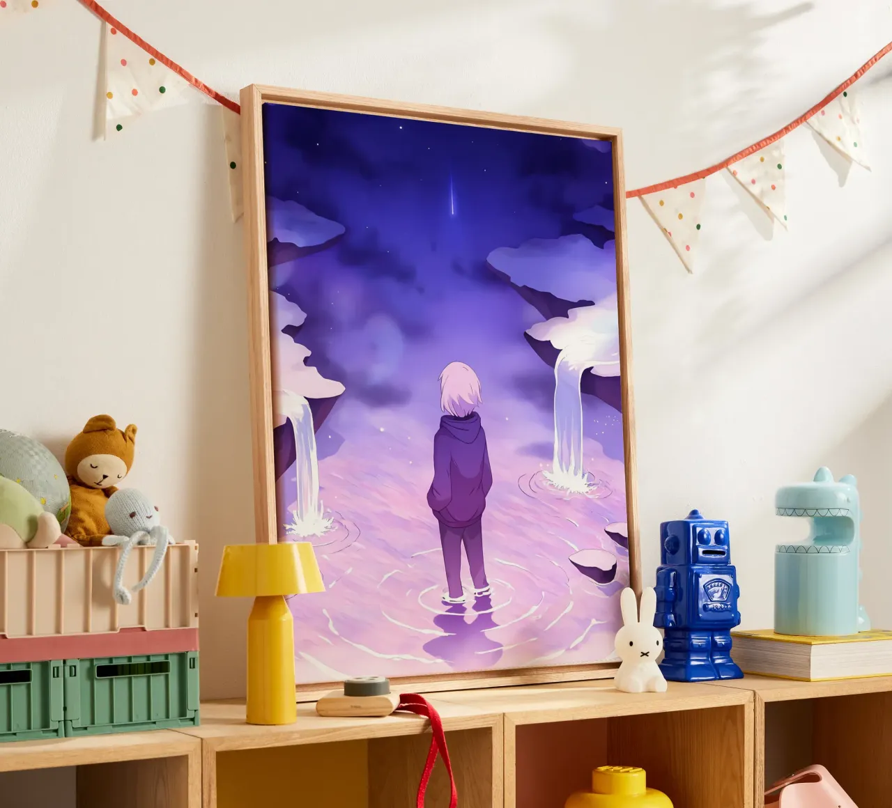 Un ragazzo in piedi in cascate da sogno Lofi Art tela con Cornice a cassetta da LoFi Gallery
