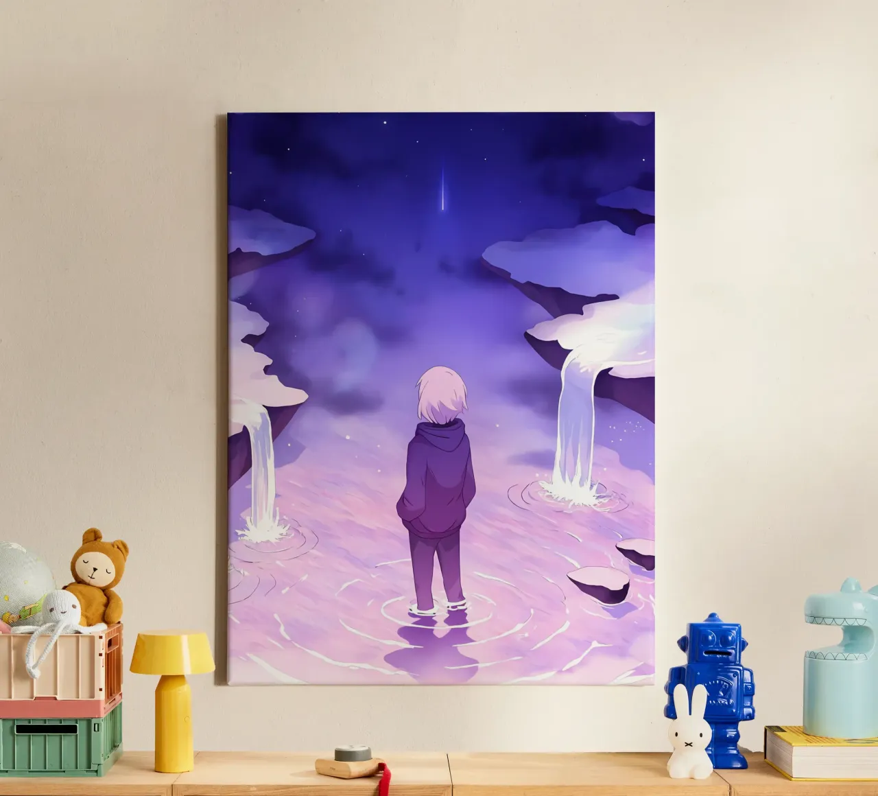 Un ragazzo in piedi in cascate da sogno Lofi Art tela con Cornice a cassetta da LoFi Gallery