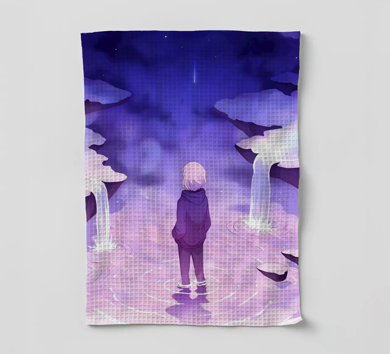 Un ragazzo in piedi in cascate da sogno Lofi Art canovaccio da cucina da LoFi Gallery