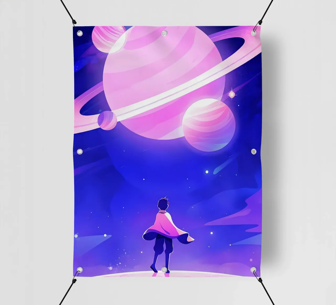 Un garçon regardant un groupe de planètes de la lune rêveuse Lofi Art bâche pvc de LoFi Gallery