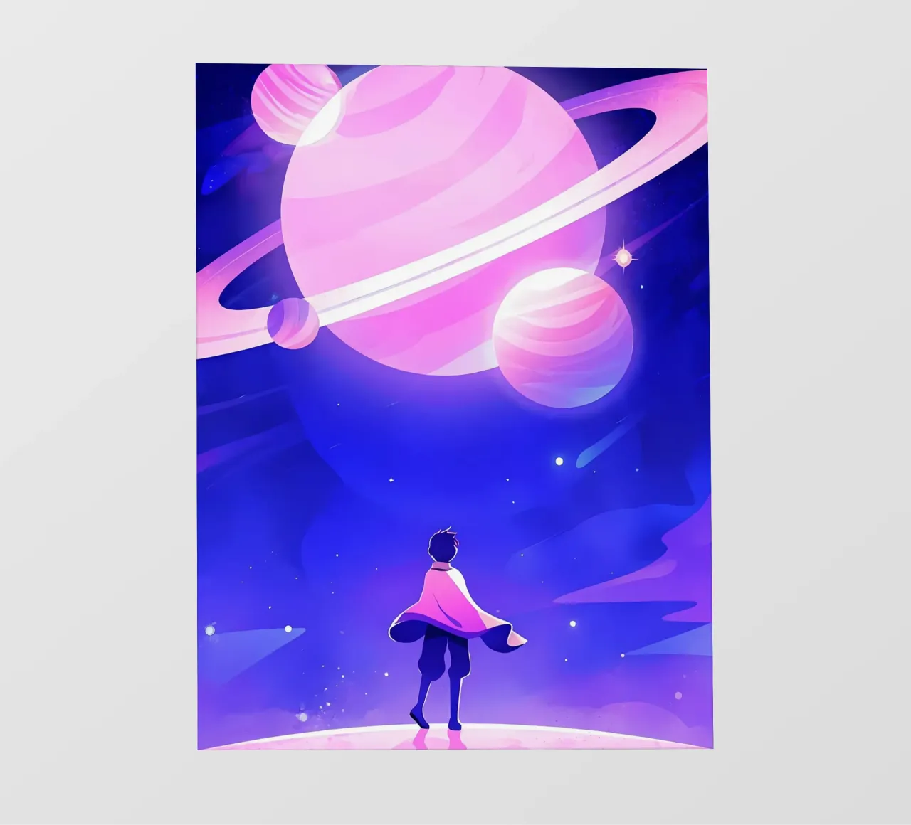 Un garçon regardant un groupe de planètes de la lune rêveuse Lofi Art bâche pvc de LoFi Gallery