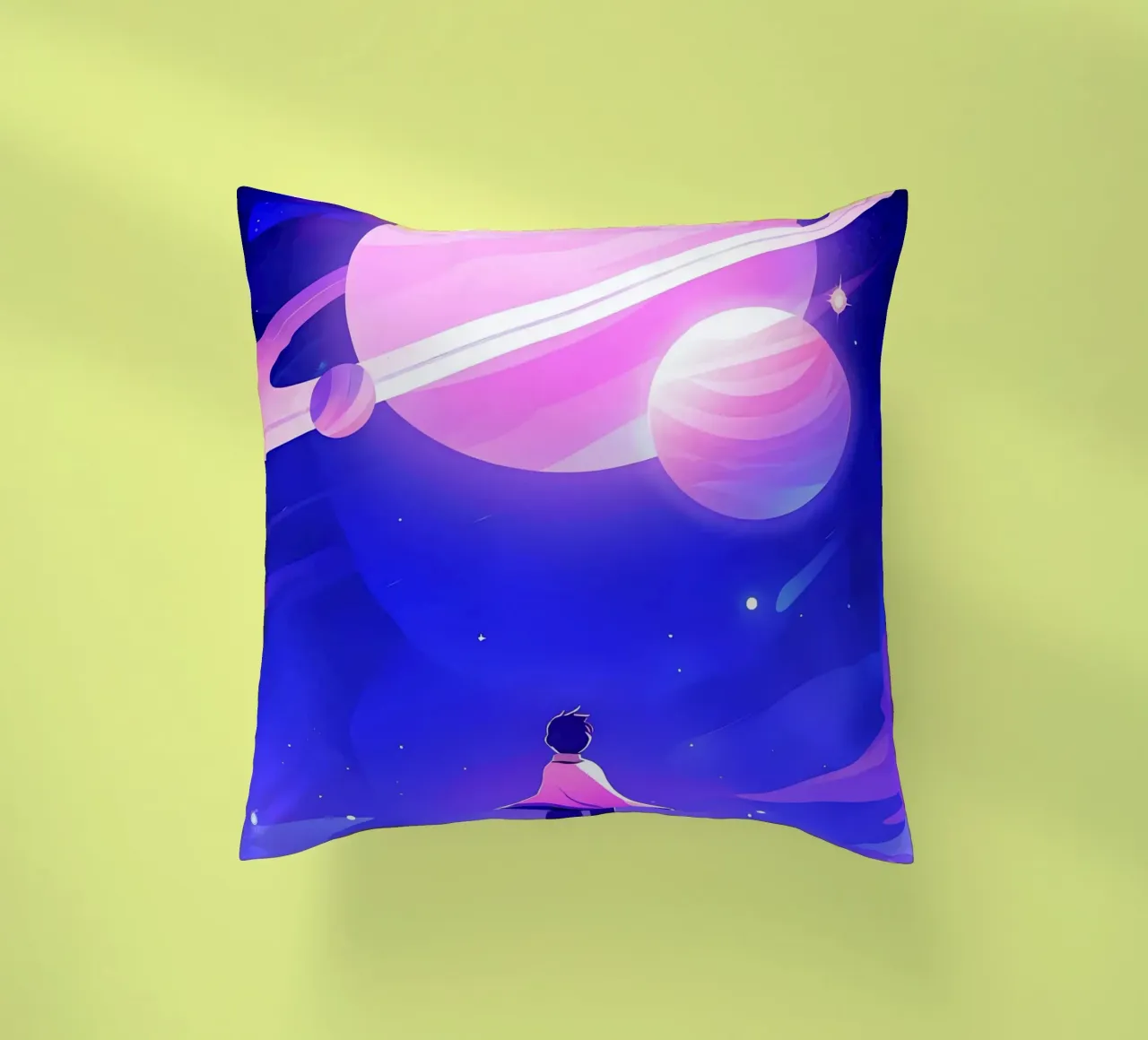 Un garçon regardant un groupe de planètes de la lune rêveuse Lofi Art coussin de LoFi Gallery