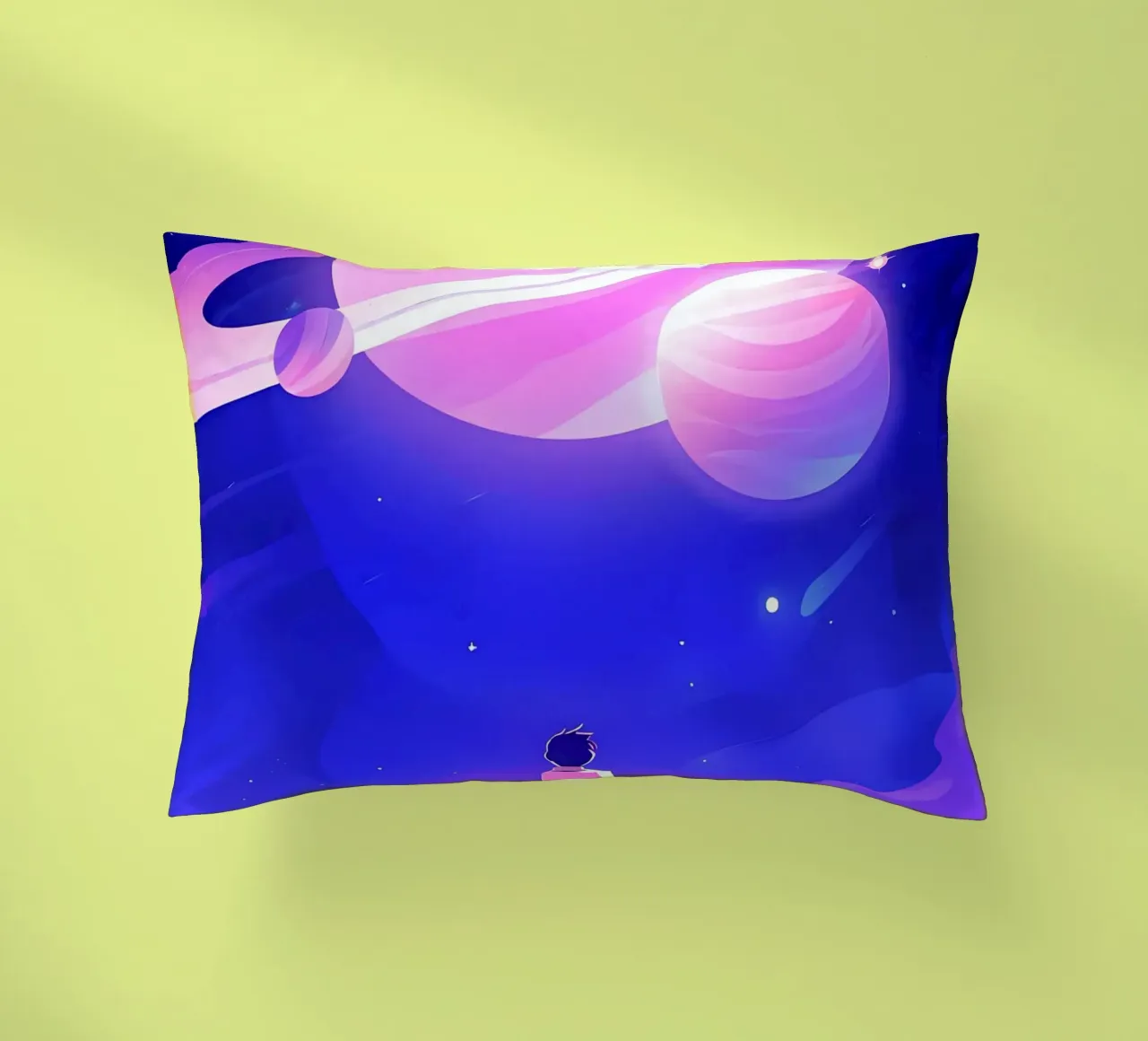 Un garçon regardant un groupe de planètes de la lune rêveuse Lofi Art coussin de LoFi Gallery