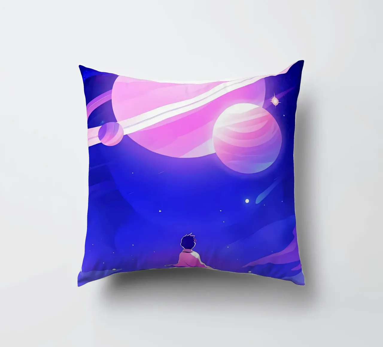Un garçon regardant un groupe de planètes de la lune rêveuse Lofi Art coussin de LoFi Gallery