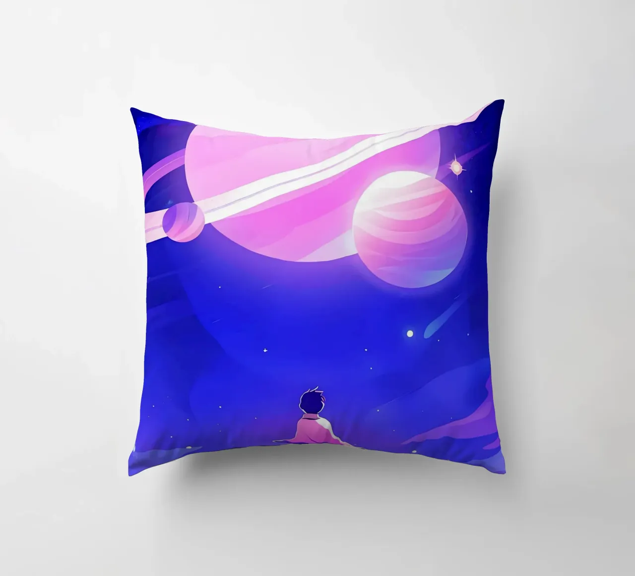 Un garçon regardant un groupe de planètes de la lune rêveuse Lofi Art coussin de LoFi Gallery