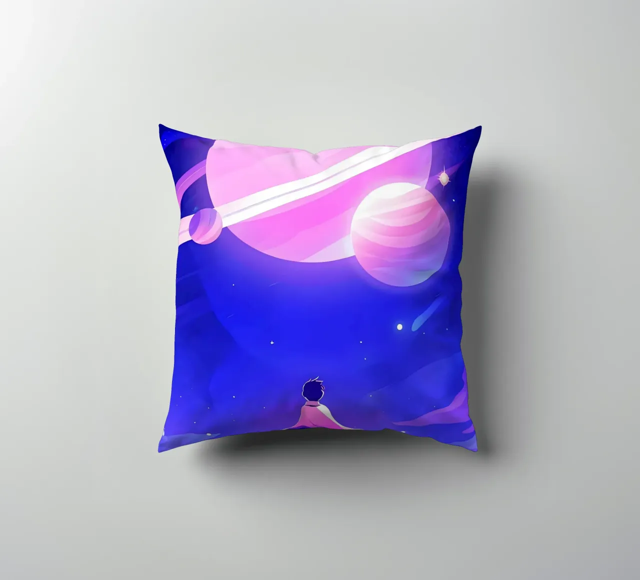Un garçon regardant un groupe de planètes de la lune rêveuse Lofi Art coussin de LoFi Gallery