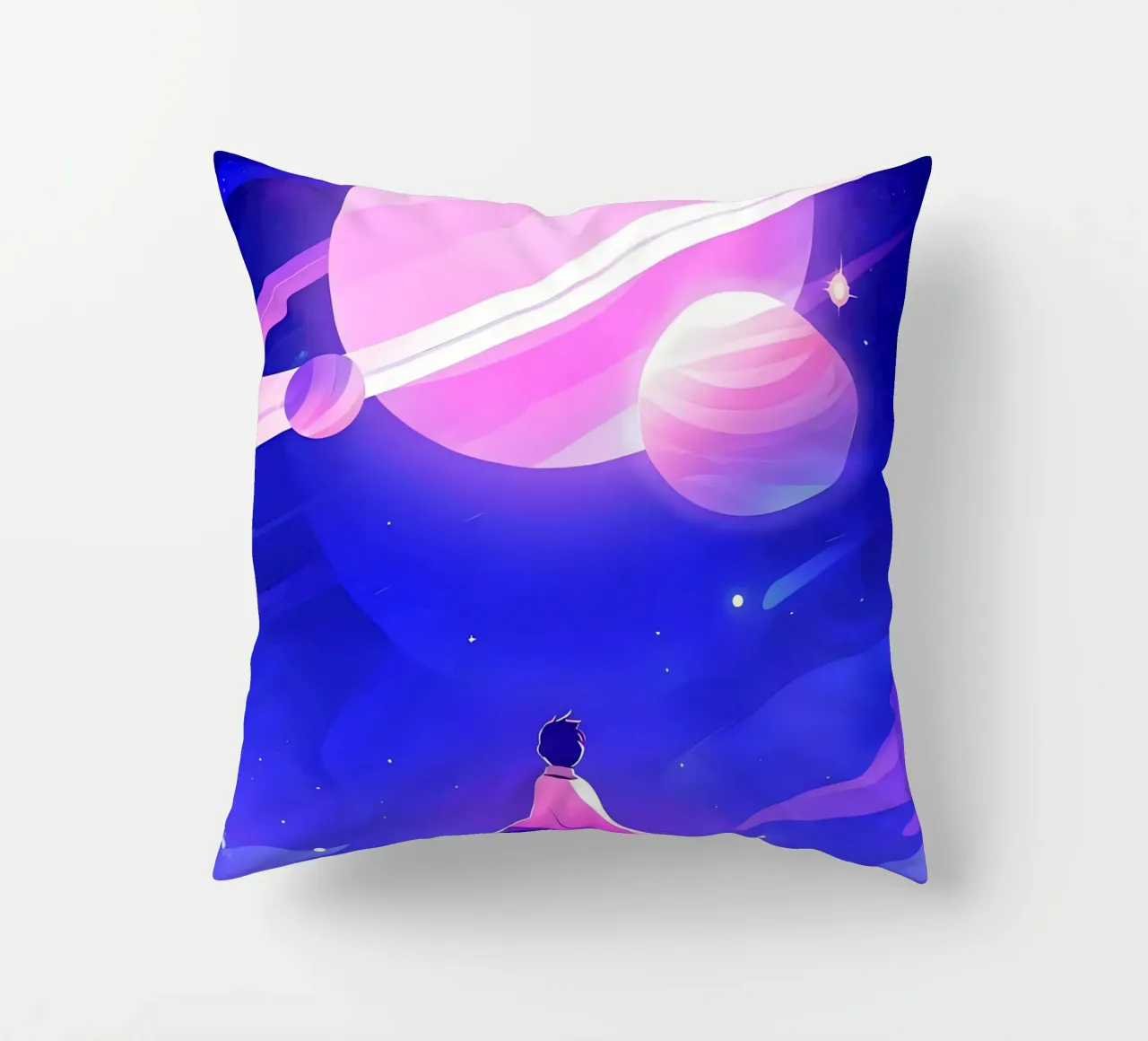 Un garçon regardant un groupe de planètes de la lune rêveuse Lofi Art coussin de LoFi Gallery