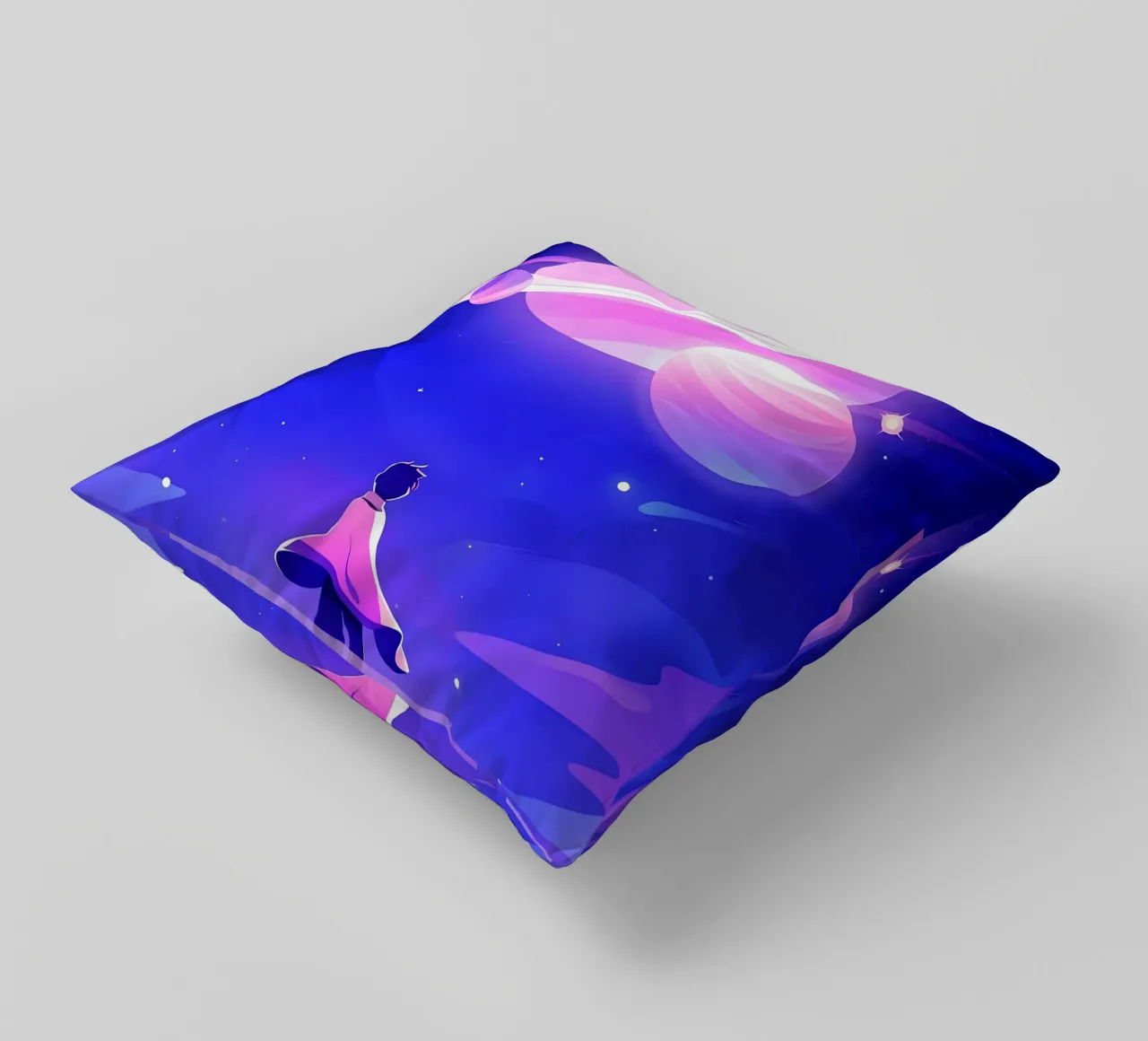 Un garçon regardant un groupe de planètes de la lune rêveuse Lofi Art coussin de LoFi Gallery
