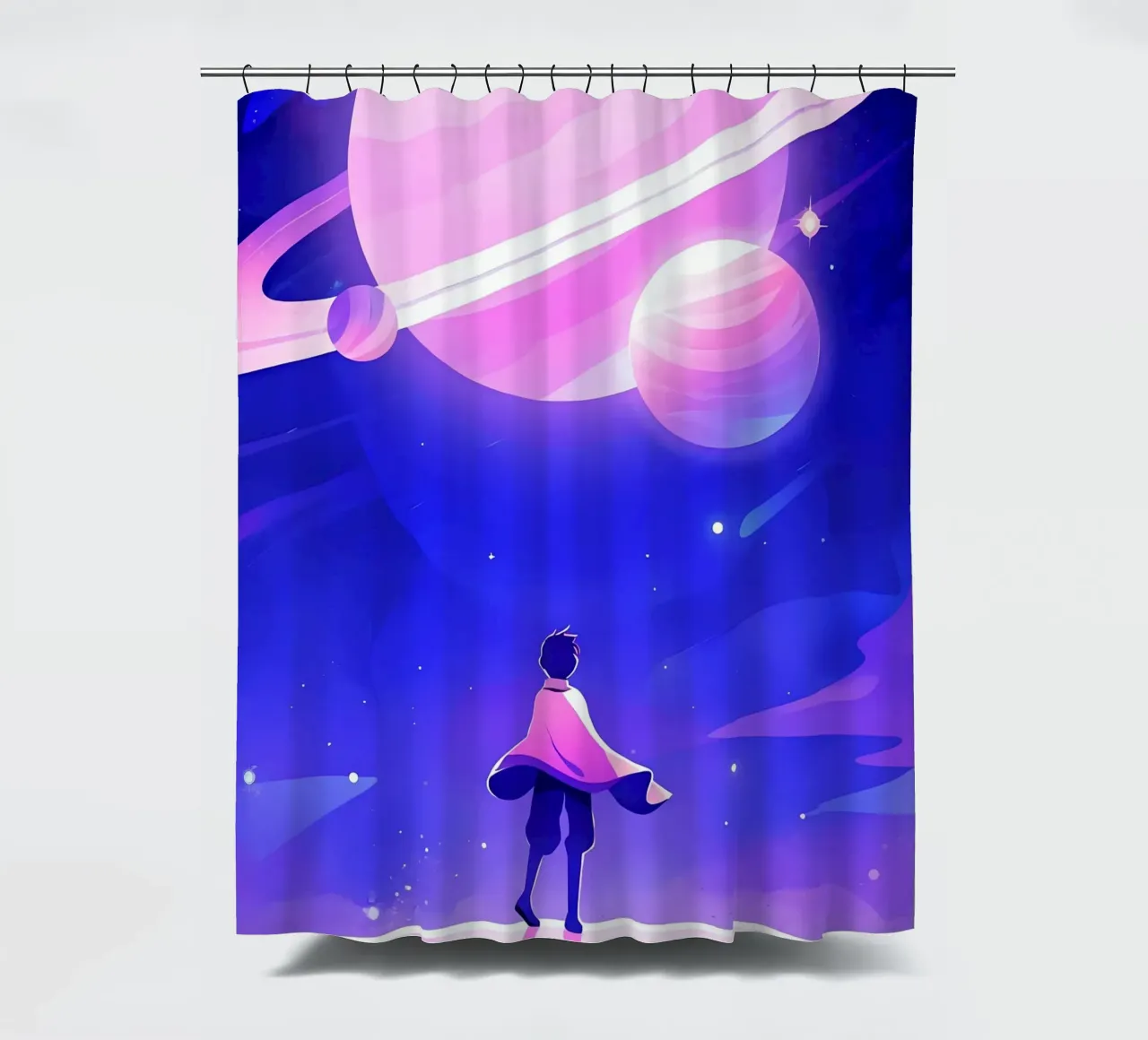 A Boy Looking At A Group Of Planet From Dreamy Moon Lofi Art shower curtain by LoFi Gallery