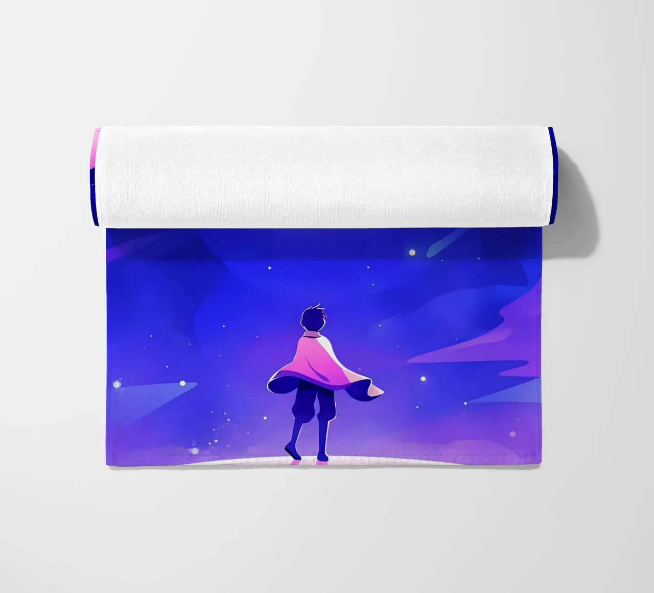 A Boy Looking At A Group Of Planet From Dreamy Moon Lofi Art beach towel by LoFi Gallery