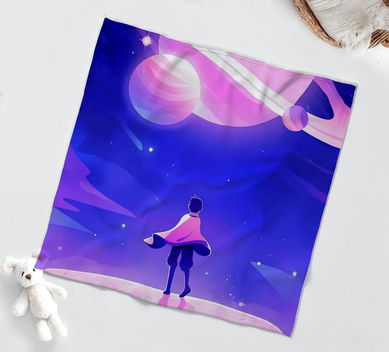 A Boy Looking At A Group Of Planet From Dreamy Moon Lofi Art fleece blanket by LoFi Gallery