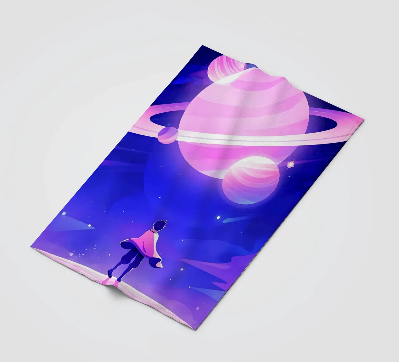 A Boy Looking At A Group Of Planet From Dreamy Moon Lofi Art fleece blanket by LoFi Gallery