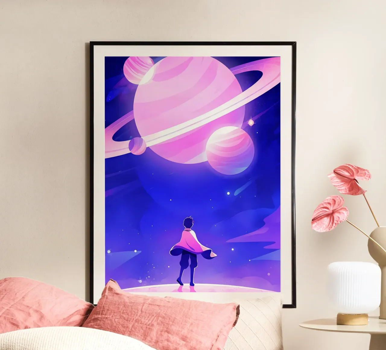 Un ragazzo che guarda un gruppo di pianeti da Dreamy Moon Lofi Art poster con telaio in legno da LoFi Gallery
