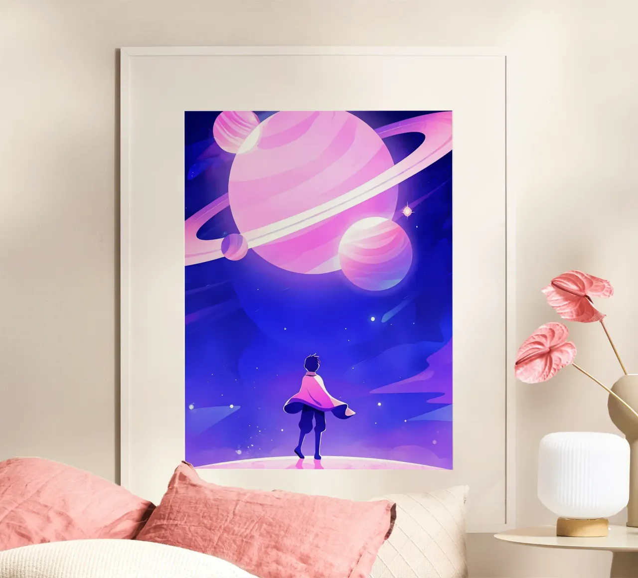 Un ragazzo che guarda un gruppo di pianeti da Dreamy Moon Lofi Art poster con telaio in legno da LoFi Gallery