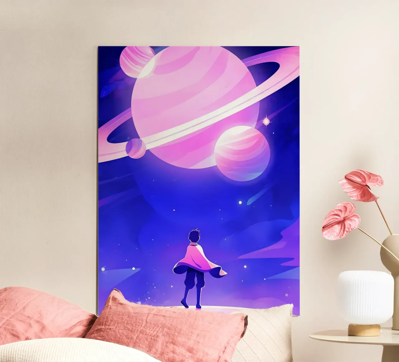 Un ragazzo che guarda un gruppo di pianeti da Dreamy Moon Lofi Art poster con telaio in legno da LoFi Gallery