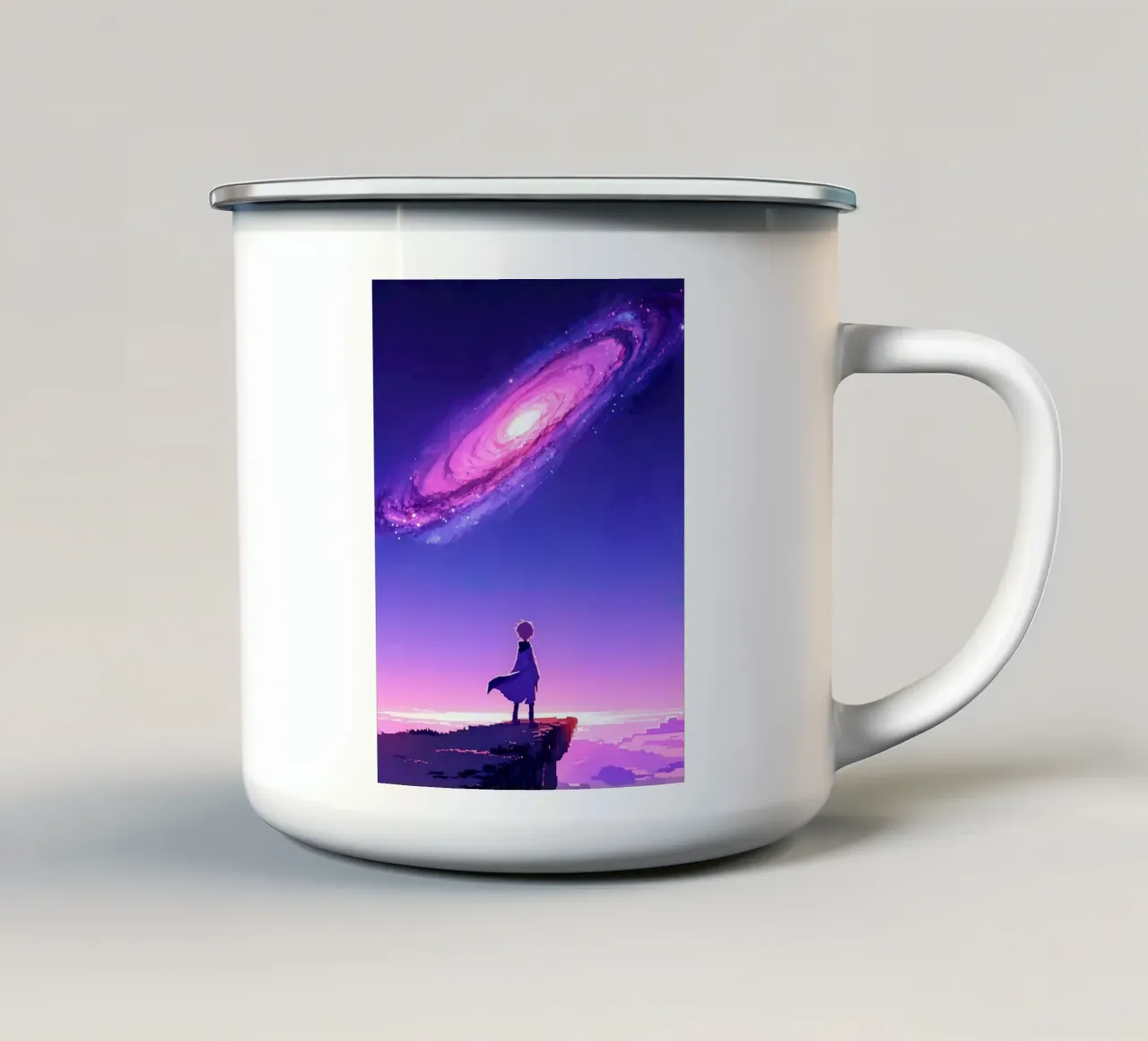 Un ragazzo in piedi su una scogliera di montagna guardando galassie Lofi Art tazza in smalto da LoFi Gallery