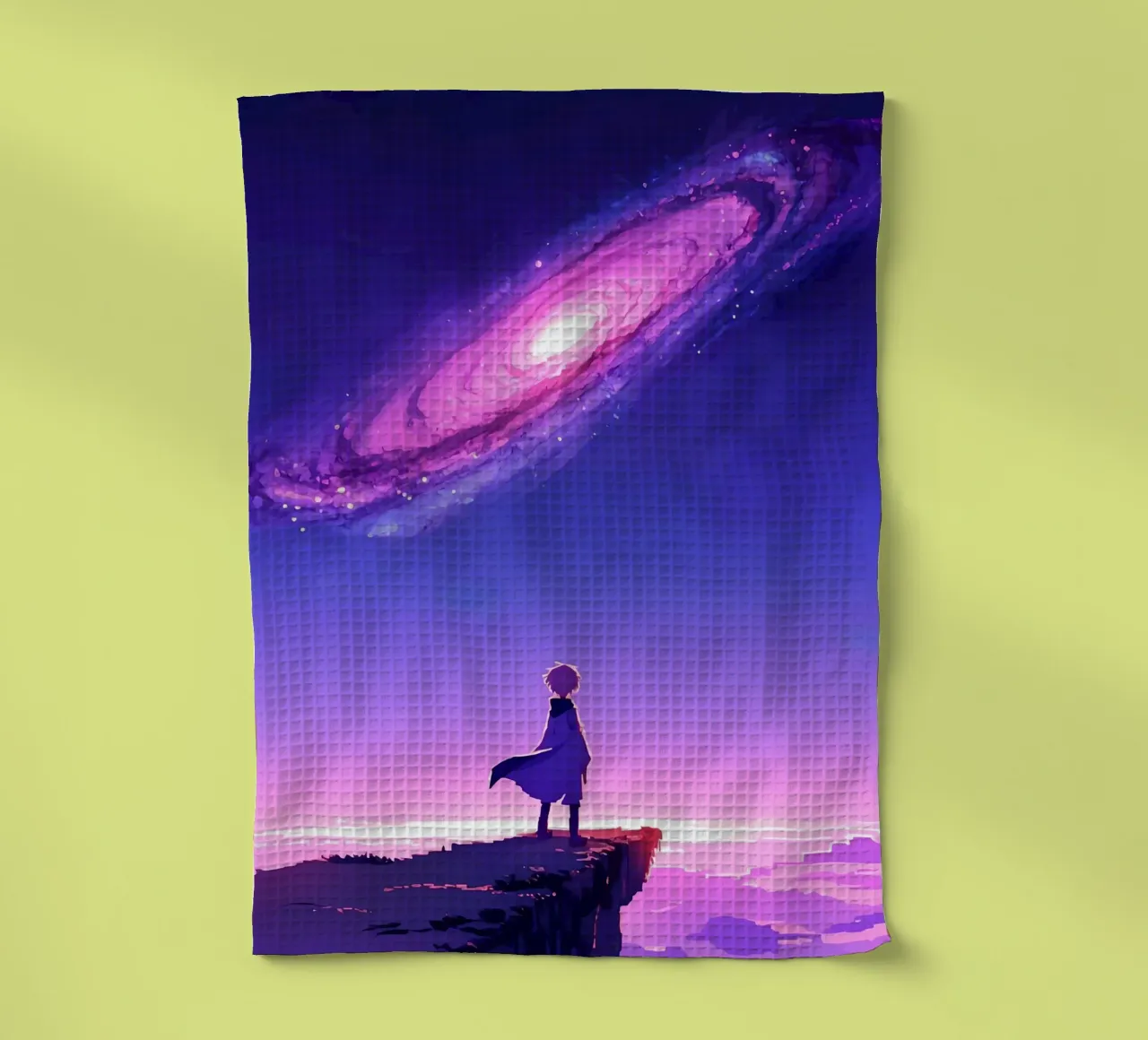 Un ragazzo in piedi su una scogliera di montagna guardando galassie Lofi Art canovaccio da cucina da LoFi Gallery
