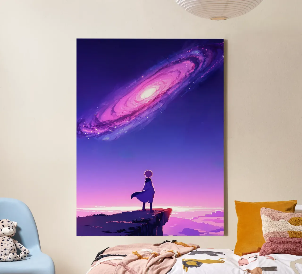 A Boy Standing On A Mountain Cliff Looking Galaxies Lofi Art canvas with Floater frame by LoFi Gallery