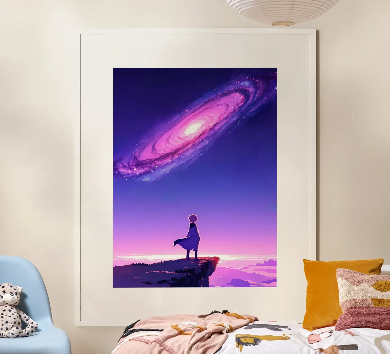 Un Niño De Pie En Un Acantilado Mirando Galaxias Lofi Art poster con marco de plástico de LoFi Gallery