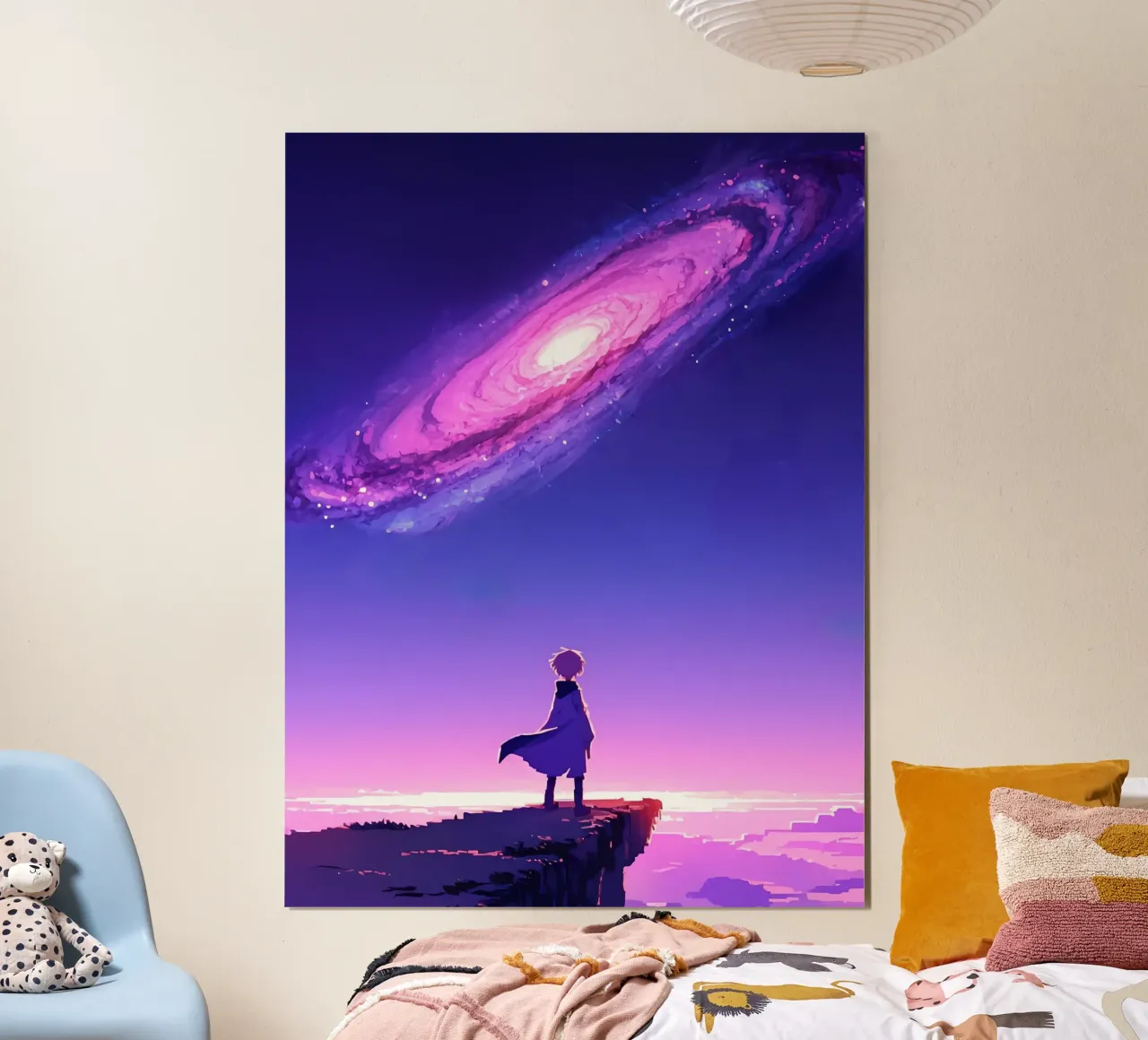 Un Niño De Pie En Un Acantilado Mirando Galaxias Lofi Art poster con marco de plástico de LoFi Gallery