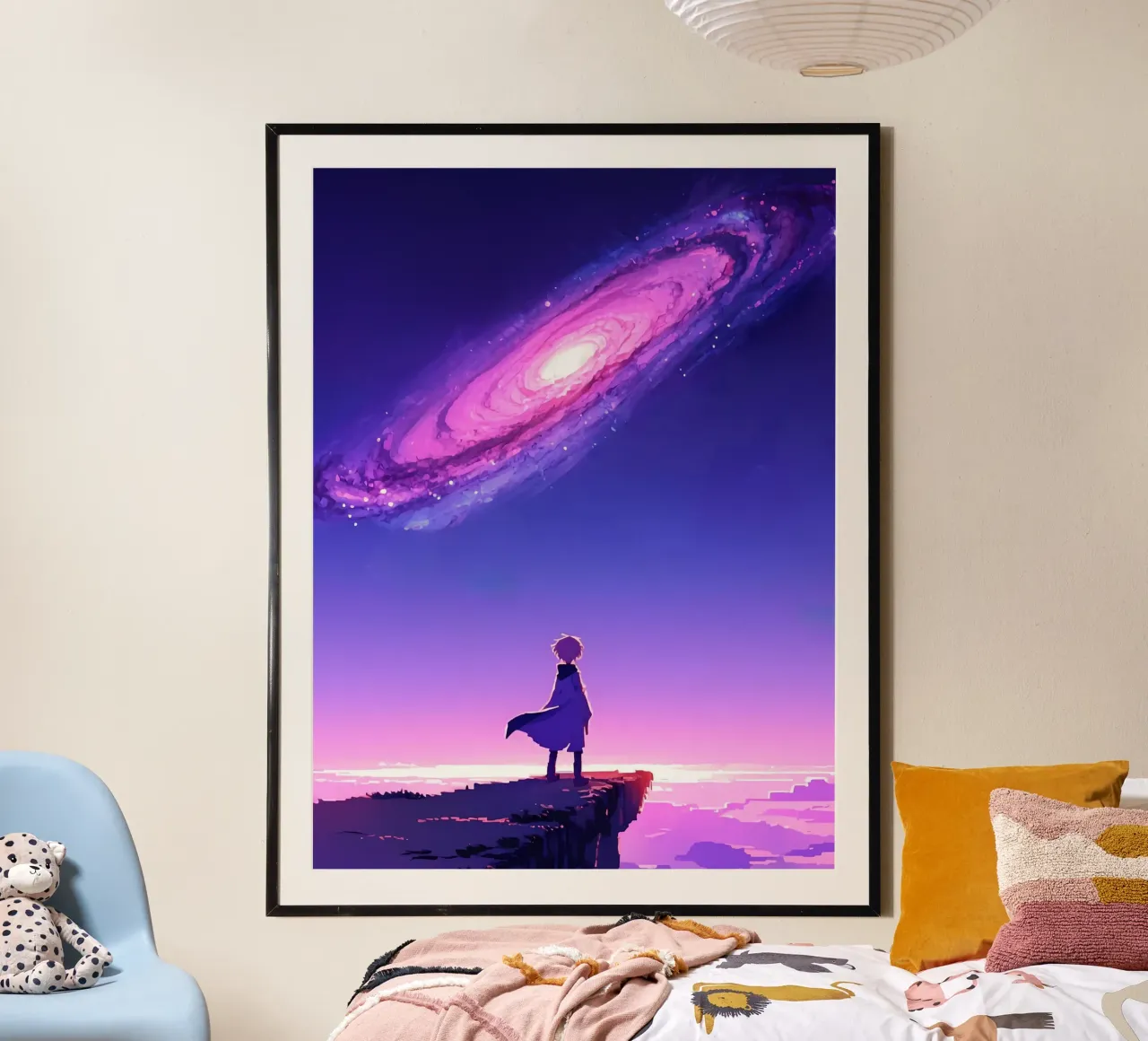 Un Niño De Pie En Un Acantilado Mirando Galaxias Lofi Art poster con marco de plástico de LoFi Gallery