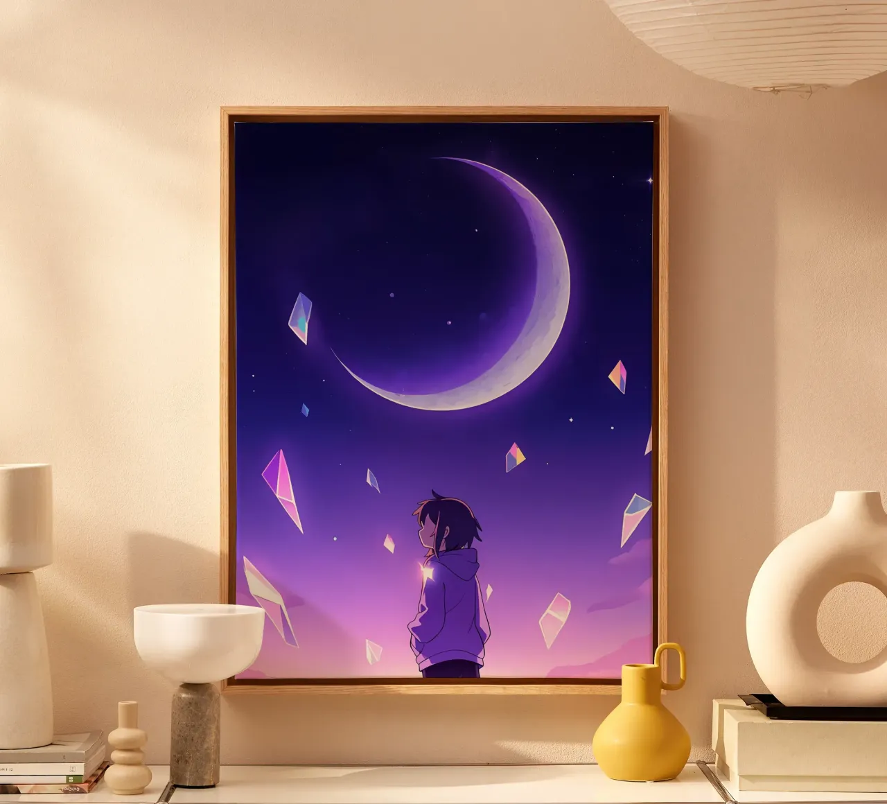 A Girl Looking At Floating Crystals Under Moon Lofi Art canvas with Floater frame by LoFi Gallery