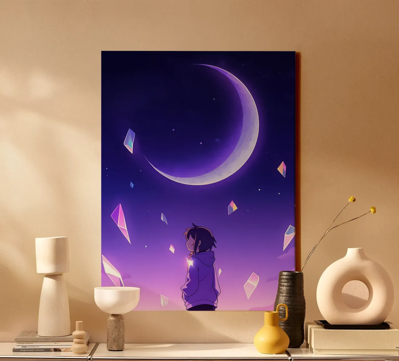 A Girl Looking At Floating Crystals Under Moon Lofi Art canvas with Floater frame by LoFi Gallery
