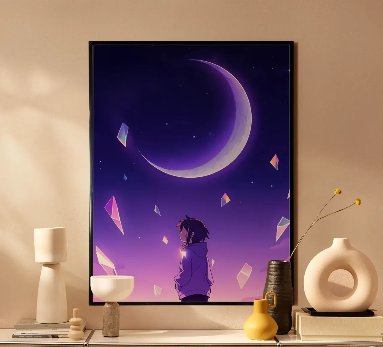 A Girl Looking At Floating Crystals Under Moon Lofi Art poster with aluminum frame by LoFi Gallery
