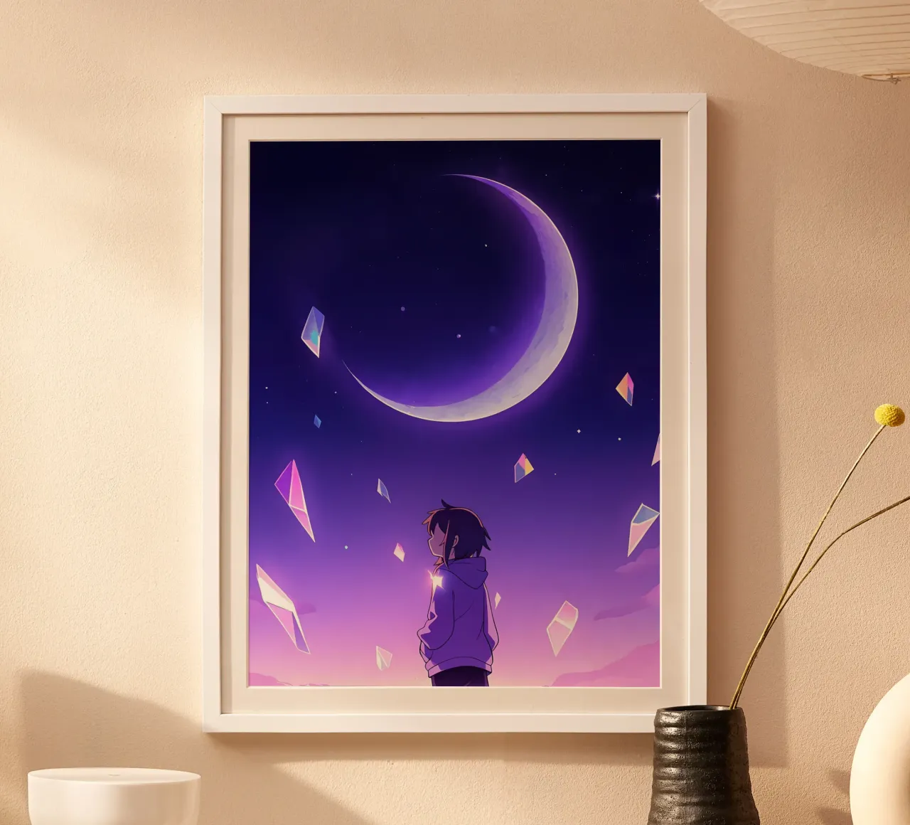 A Girl Looking At Floating Crystals Under Moon Lofi Art poster with aluminum frame by LoFi Gallery
