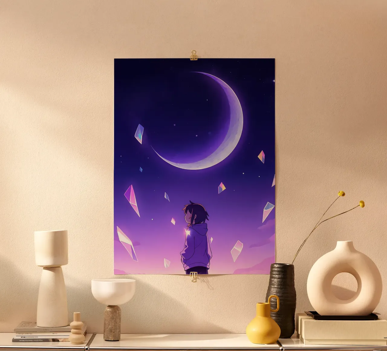 A Girl Looking At Floating Crystals Under Moon Lofi Art poster with aluminum frame by LoFi Gallery