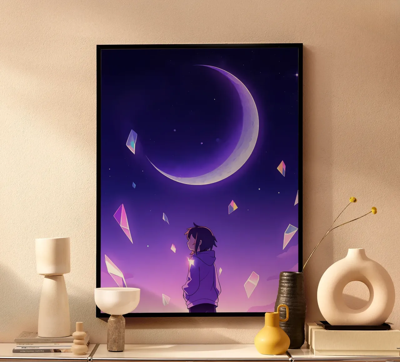 A Girl Looking At Floating Crystals Under Moon Lofi Art poster with aluminum frame by LoFi Gallery
