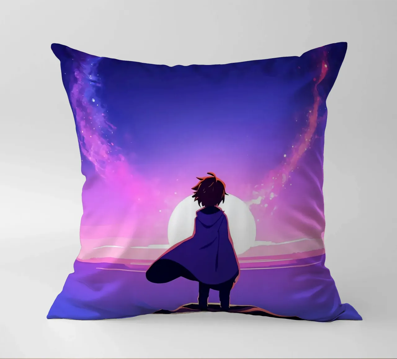 Un ragazzo che guarda il tramonto sotto una nuvola luminosa RIng Lofi Art cuscino da LoFi Gallery