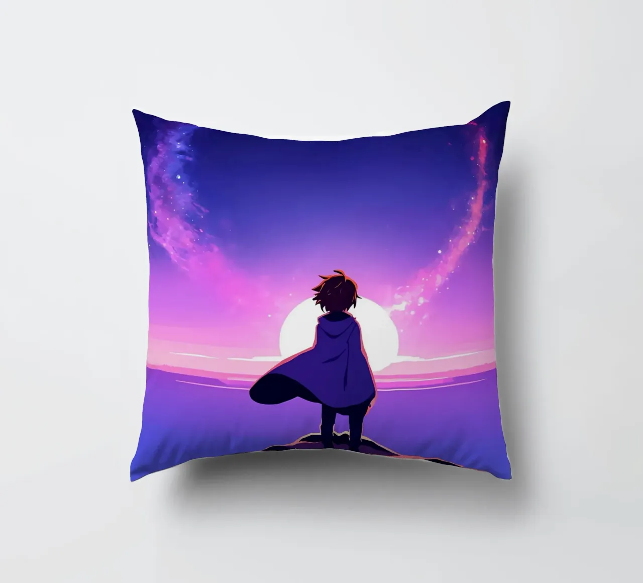 Un ragazzo che guarda il tramonto sotto una nuvola luminosa RIng Lofi Art cuscino da LoFi Gallery