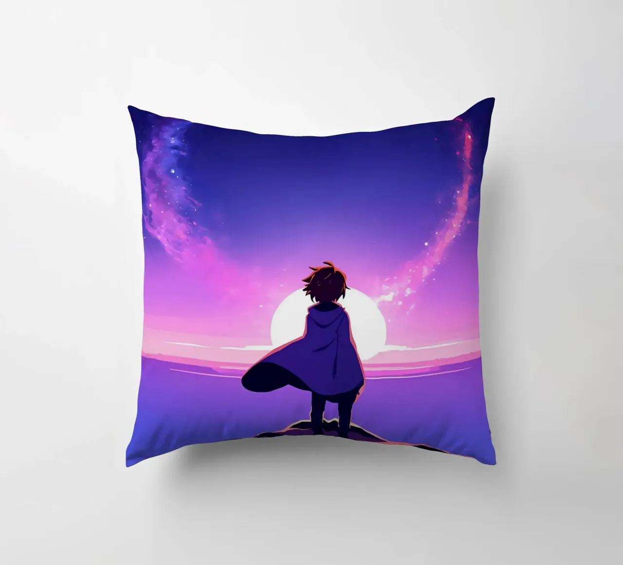 Un ragazzo che guarda il tramonto sotto una nuvola luminosa RIng Lofi Art cuscino da LoFi Gallery