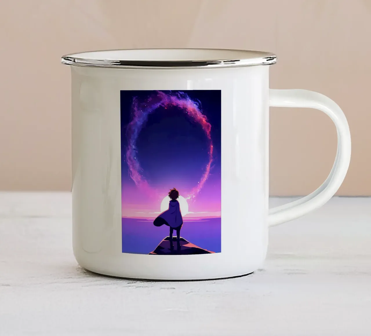 Un ragazzo che guarda il tramonto sotto una nuvola luminosa RIng Lofi Art tazza in smalto da LoFi Gallery