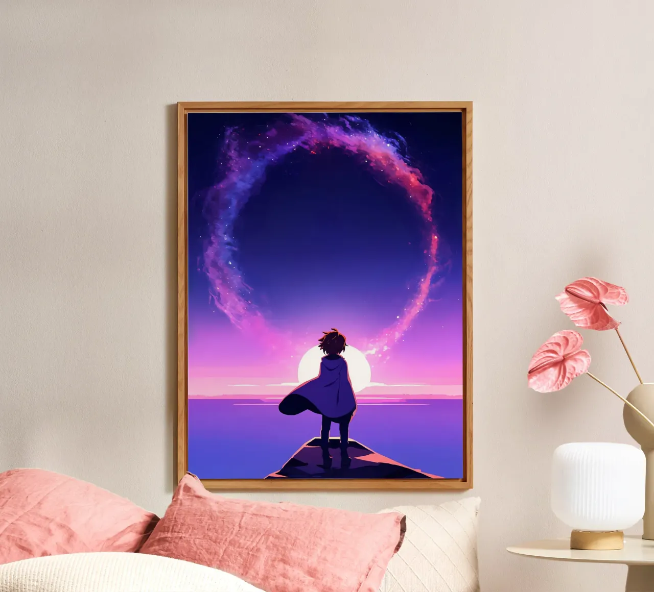 Un ragazzo che guarda il tramonto sotto una nuvola luminosa RIng Lofi Art alluminio dibond da LoFi Gallery