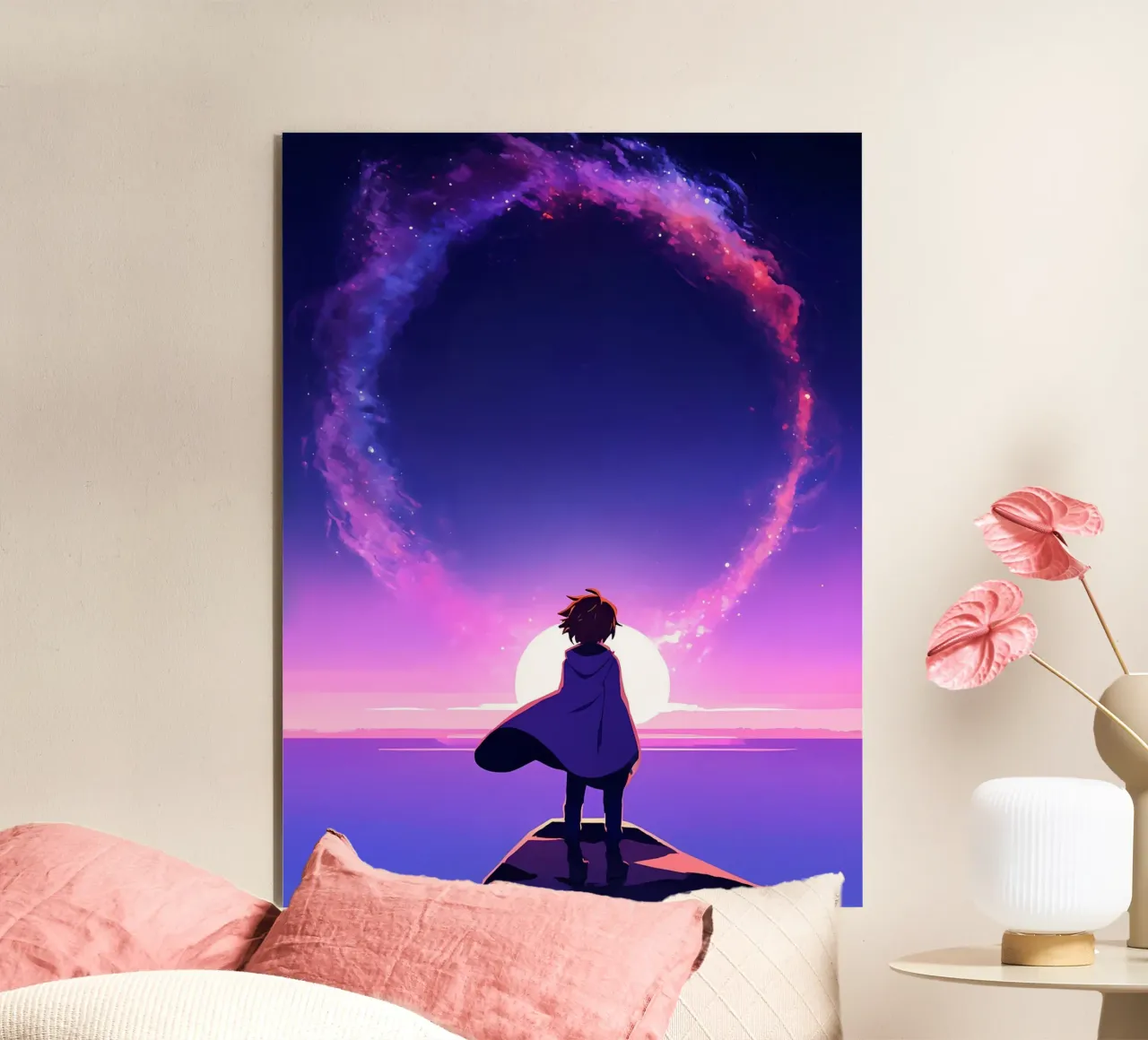 Un ragazzo che guarda il tramonto sotto una nuvola luminosa RIng Lofi Art alluminio dibond da LoFi Gallery