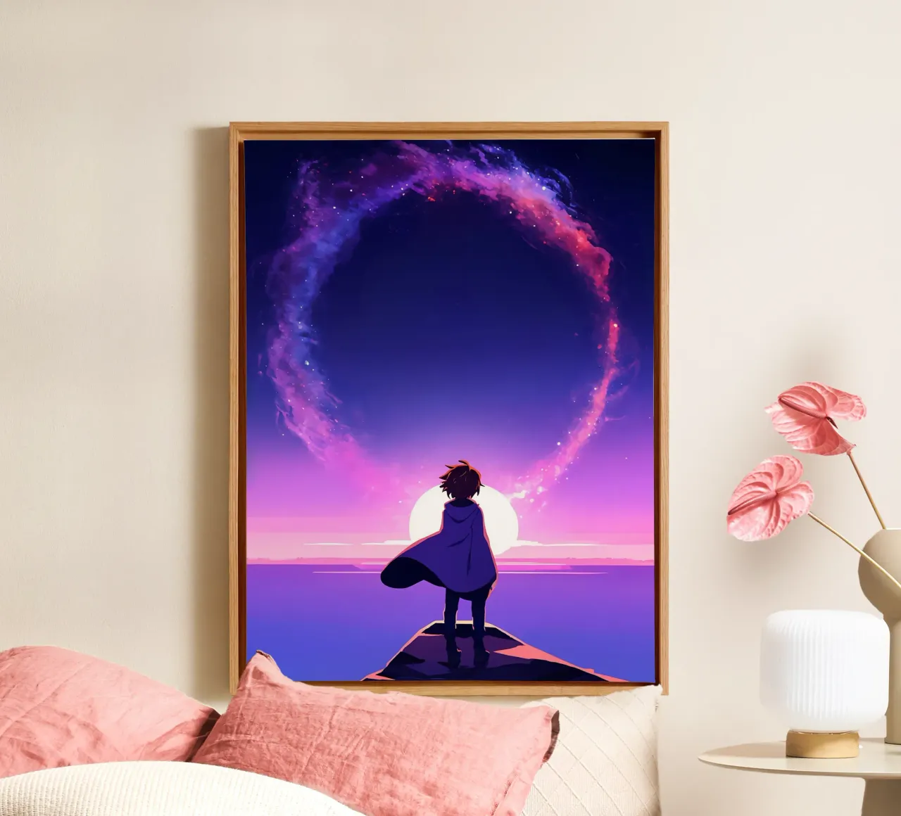 A Boy Looking At Sunset Under Glowing Cloud RIng Lofi Art canvas with Floater frame by LoFi Gallery