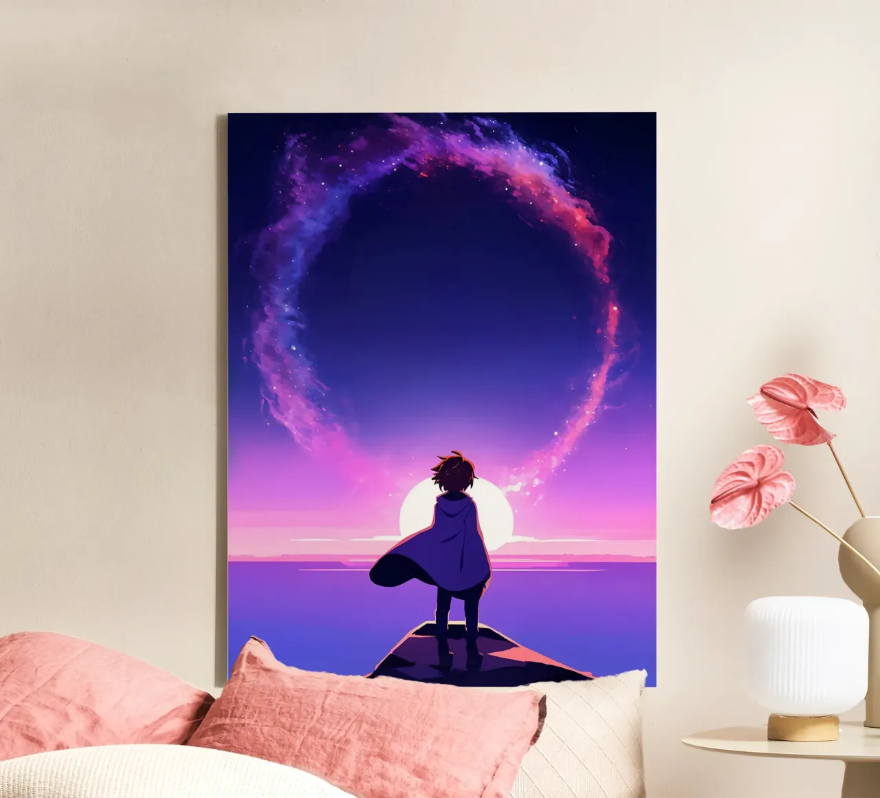 A Boy Looking At Sunset Under Glowing Cloud RIng Lofi Art canvas with Floater frame by LoFi Gallery
