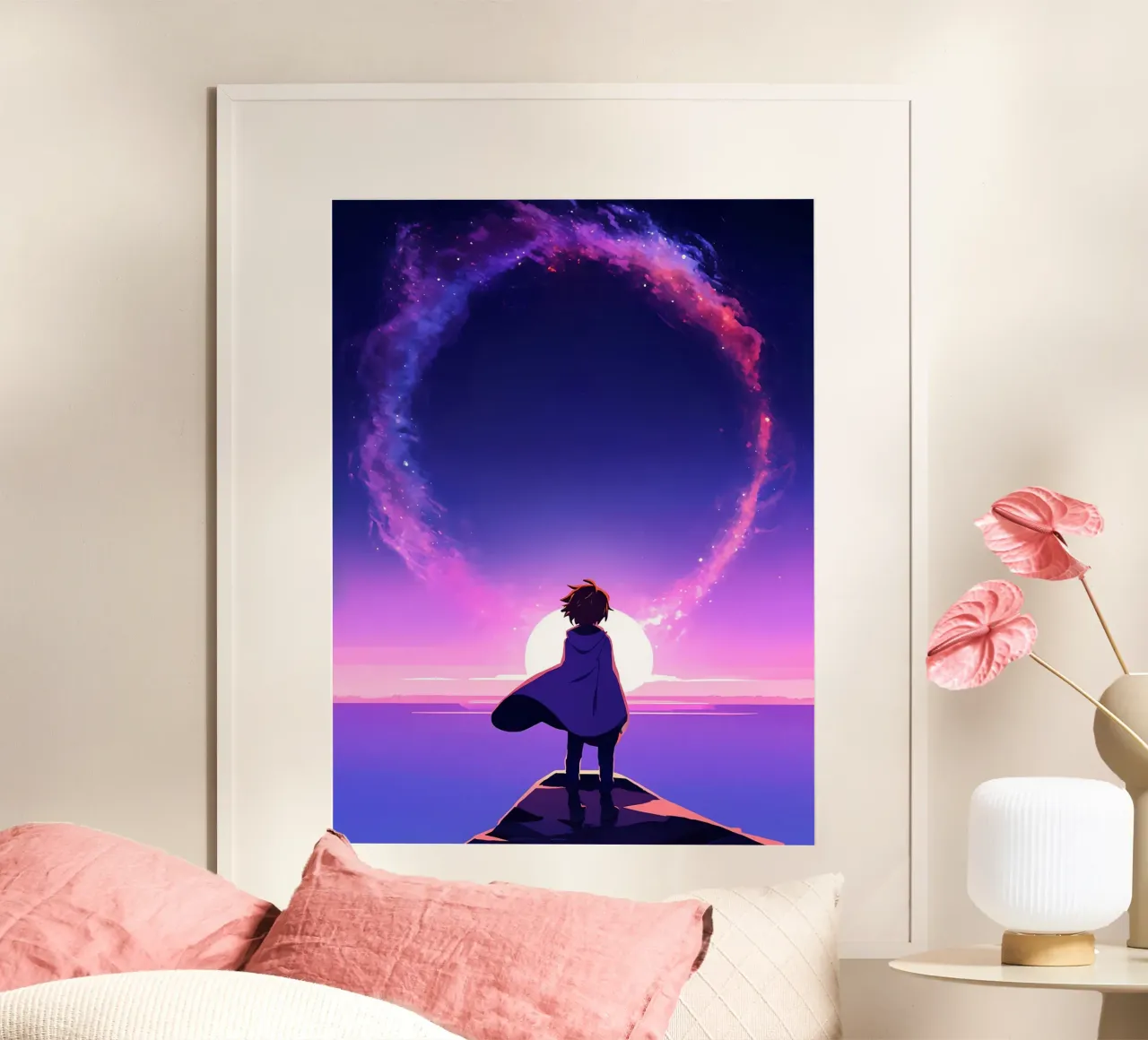 Un ragazzo che guarda il tramonto sotto una nuvola luminosa RIng Lofi Art poster con telaio in plastica da LoFi Gallery