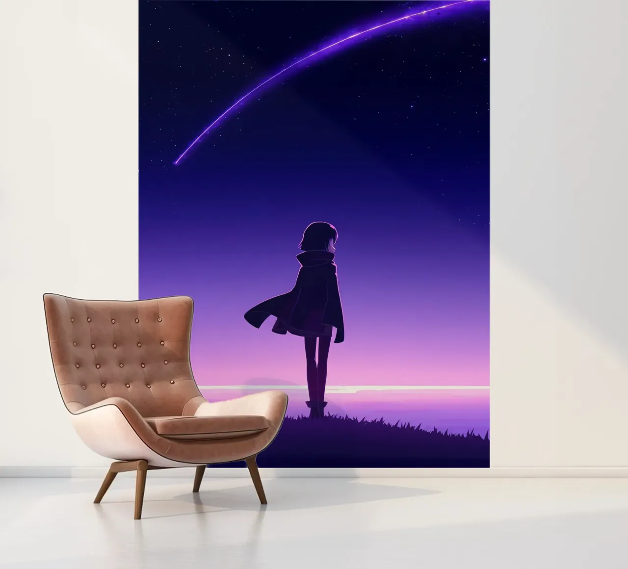 Ein Mädchen steht und schaut auf fallende Sterne Nacht Lofi Kunst Fototapete von LoFi Gallery