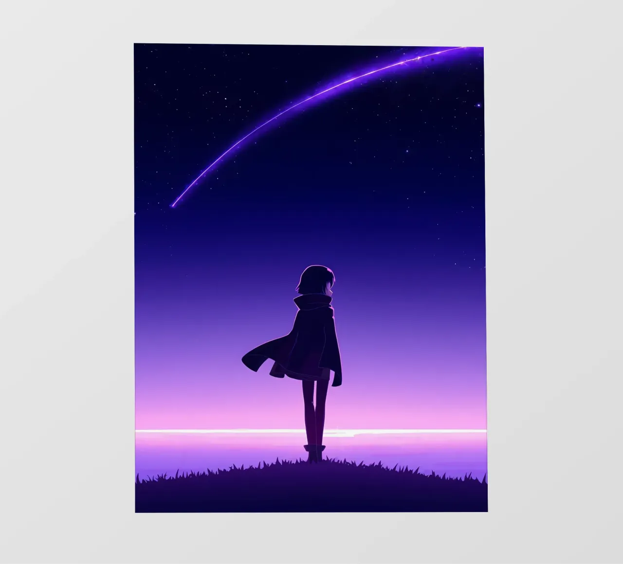 Ein Mädchen steht und schaut auf fallende Sterne Nacht Lofi Kunst Fototapete von LoFi Gallery