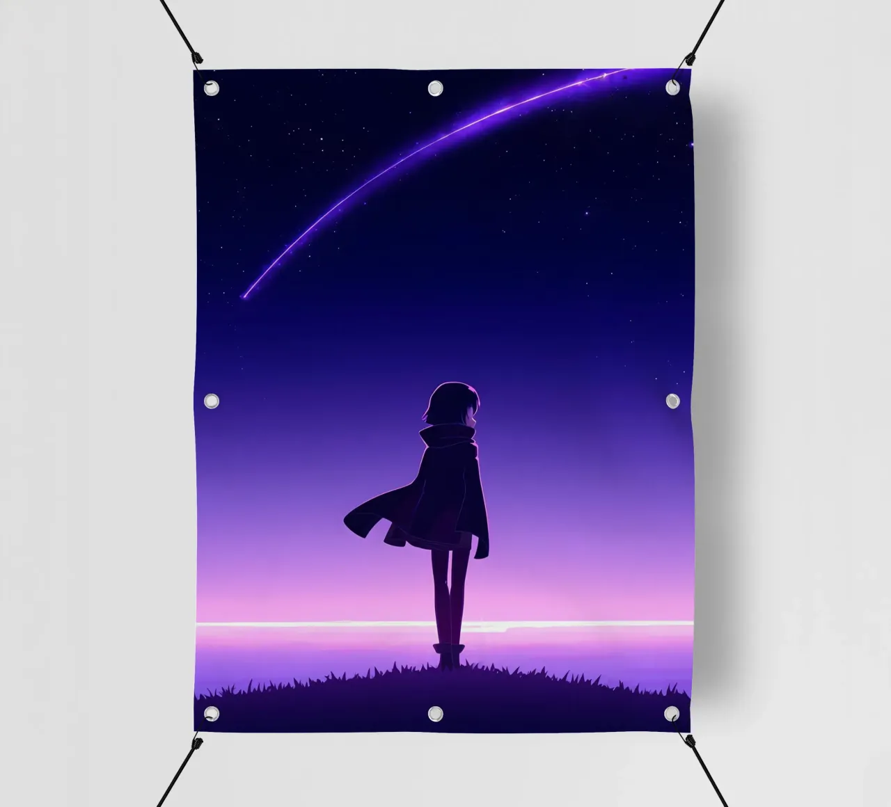 Una ragazza in piedi e guardando caduta stella notte Lofi Art telo in pvc da LoFi Gallery