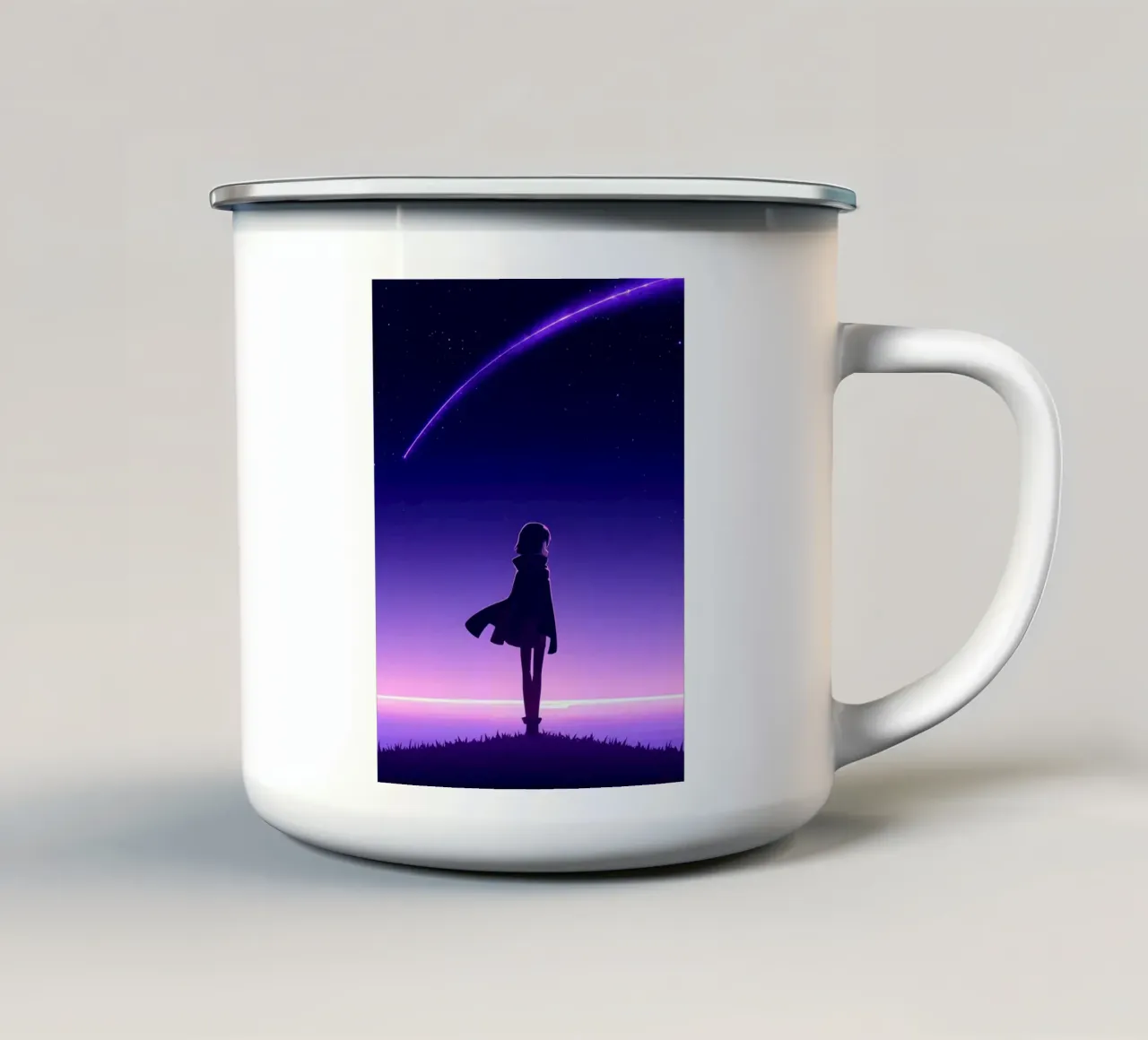 Una ragazza in piedi e guardando caduta stella notte Lofi Art tazza in smalto da LoFi Gallery