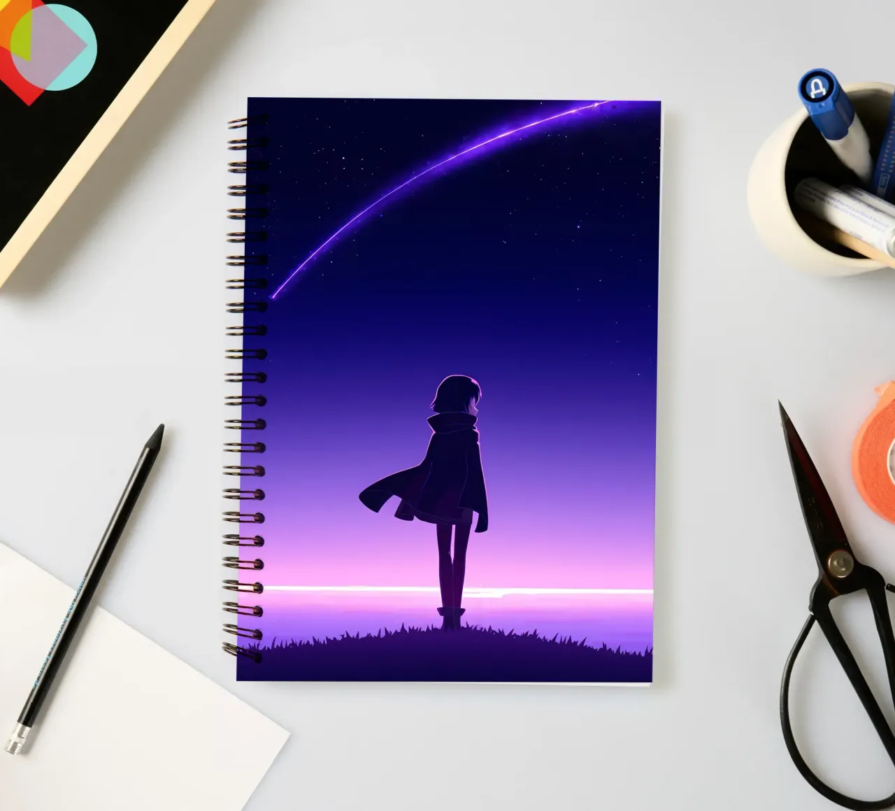 A Girl Standing And Looking At Falling Star Night Lofi Art spiral notebook by LoFi Gallery